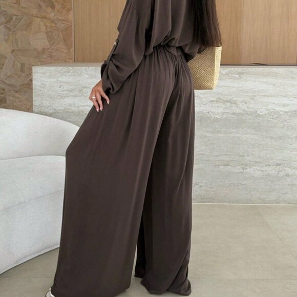 Mocha Brown Casual Women's Front Button-Up Shirt & Loose Pants Set - Picture 3 of 6
